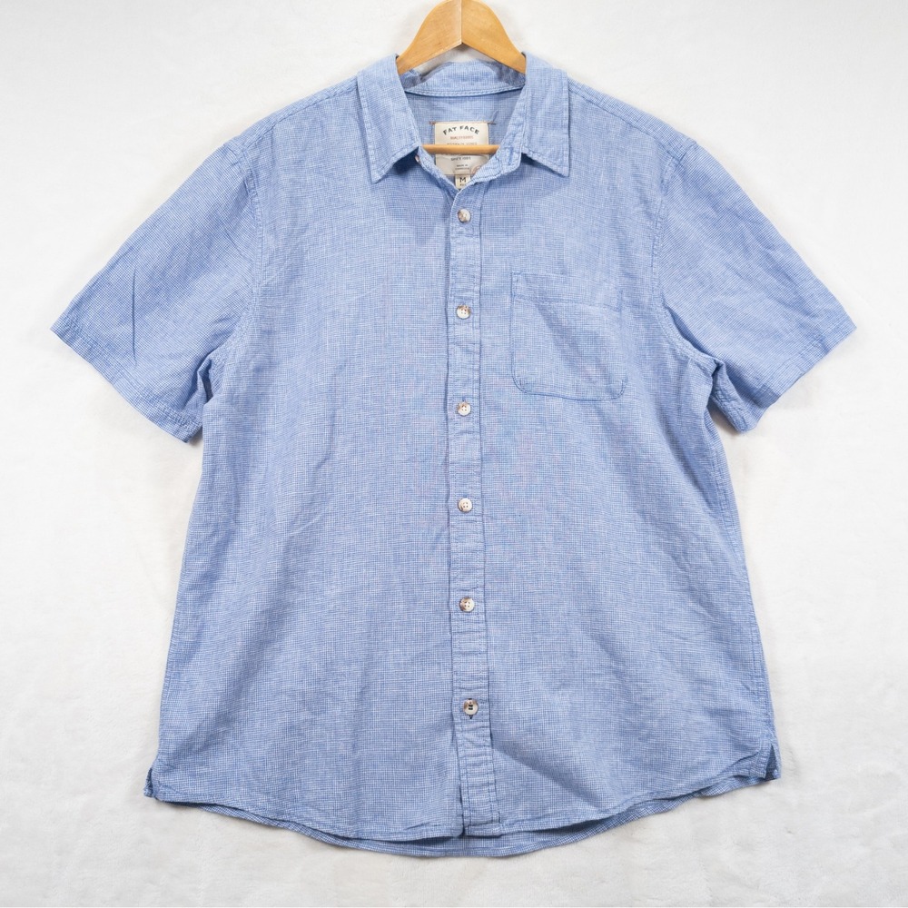 Fat Face Short Sleeve Shirt Men M Blue Herringbone Classic Minimalist Preppy